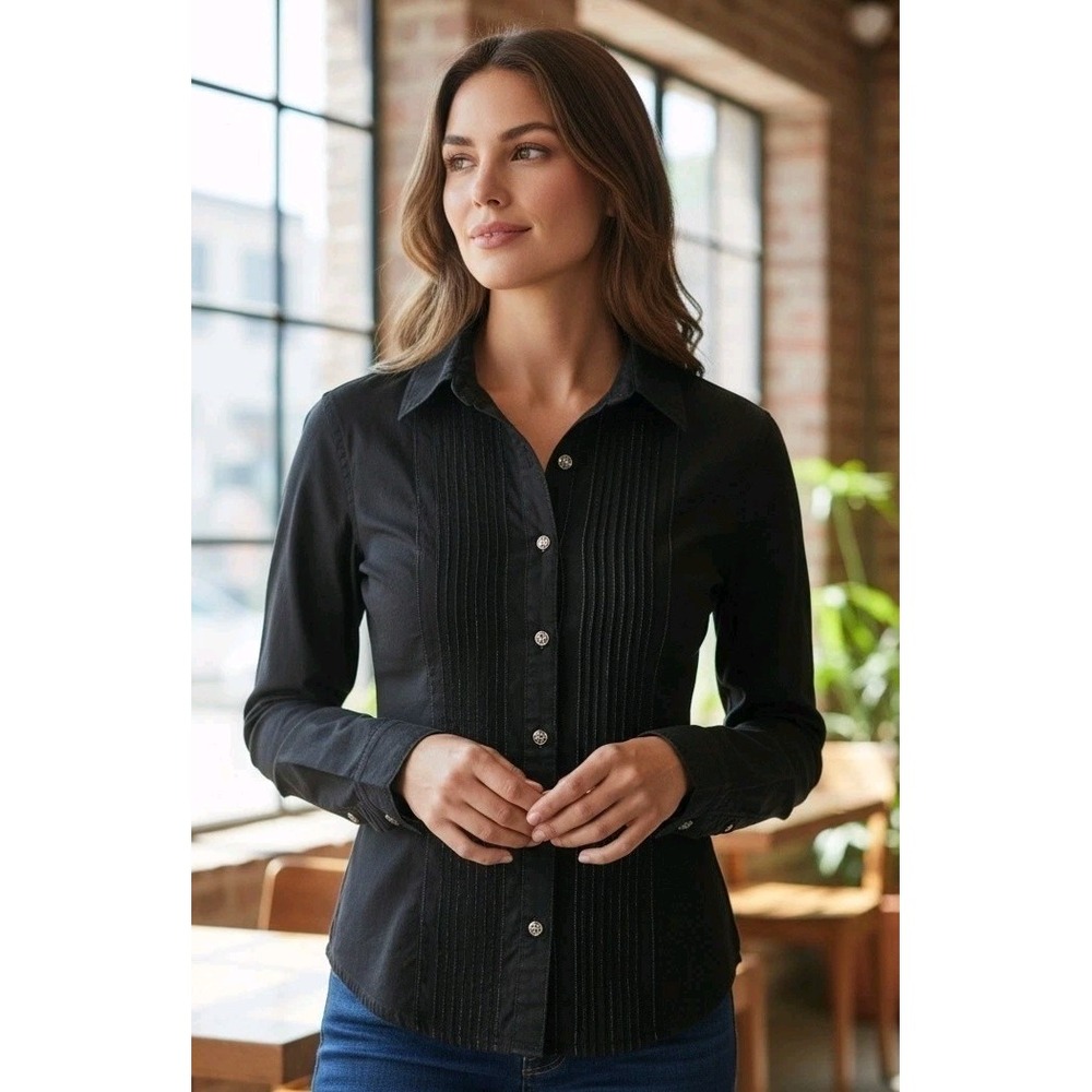 VTG Polo Jeans Co Ralph Lauren Black Pinstripe Lace Pleat Blouse Top Y2K SZ M